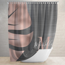 Elegante Rose Gold Black Palm Leaf Monogram