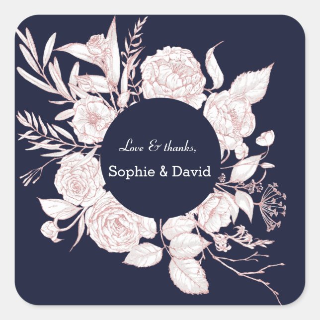 Elegante Rose Gold Blume Navy Blue Wedding Quadratischer Aufkleber (Vorderseite)