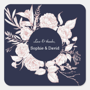 Elegante Rose Gold Blume Navy Blue Wedding Quadratischer Aufkleber