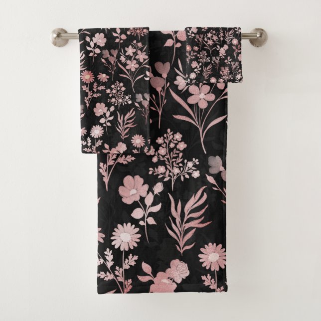 Elegante Rose Gold Blume Schwarz Botanisch Badhandtuch Set (Insitu)