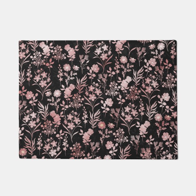 Elegante Rose Gold Blume Schwarz Botanisch Fußmatte (Vorderseite)