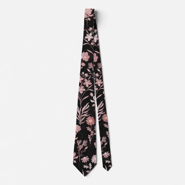 Elegante Rose Gold Blume Schwarz Botanisch Krawatte (Vorderseite)
