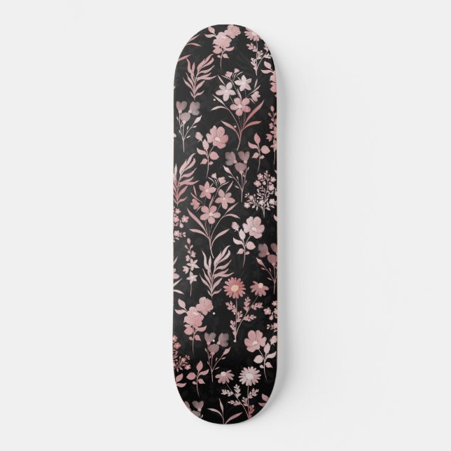 Elegante Rose Gold Blume Schwarz Botanisch Skateboard (Vorderseite)