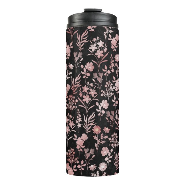 Elegante Rose Gold Blume Schwarz Botanisch Thermosbecher (Vorderseite)