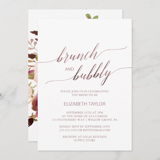 Elegante Rose Gold | Blumenbrunch & Bubbly Einladung (Vorne/Hinten)