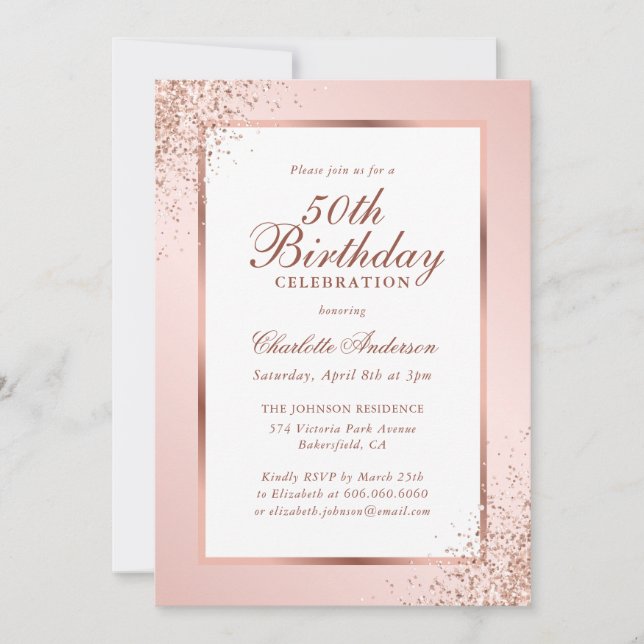 Elegante Rose Gold Blush Confetti 50. Einladung (Vorderseite)