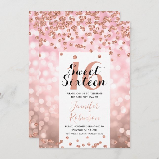 Elegante Rose Gold Blush Glitzer Sweet 16 Einladung (Vorne/Hinten)