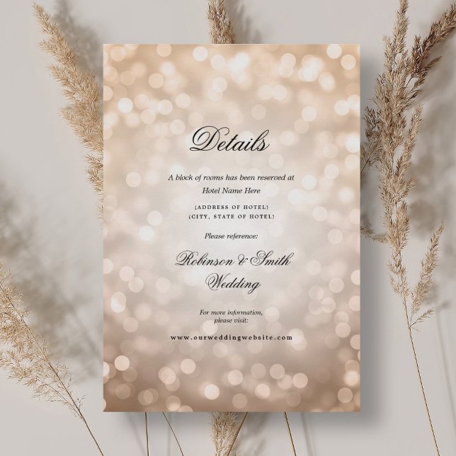 Elegante Rose Gold Bokeh Lights Hochzeitsdetails Begleitkarte (Elegant Rose Gold Bokeh Lights Wedding Details Enclosure Card)