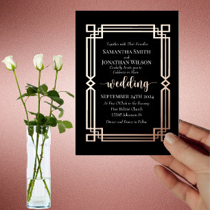 Elegante Rose Gold Border auf Black Wedding Real Folieneinladung