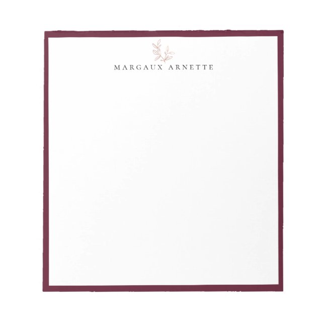 Elegante Rose Gold Botanische Zweigstelle Bordeaux Notizblock (Vorderseite)
