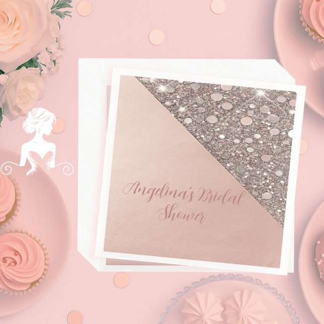 Elegante Rose Gold Brautparty Napkins Serviette (Elegant rose gold bridal shower napkin with foil, glitter accents, and custom name and event text.)