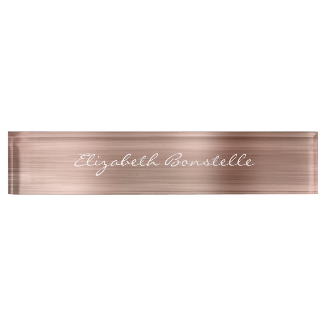 Elegante Rose Gold Brushed Metal Foil Handwriting Namensplakette (Vorderseite)
