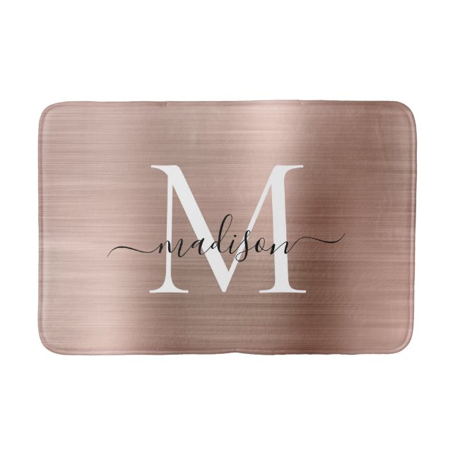 Elegante Rose Gold Brushed Metal Monogram Script Badematte (Vorderseite)