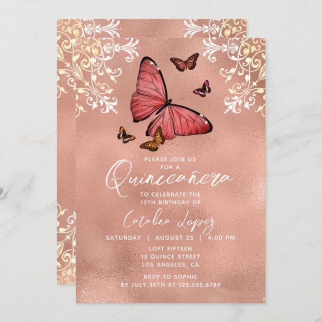Elegante Rose Gold Butterfly Flora Quinceñera Einladung (Vorne/Hinten)