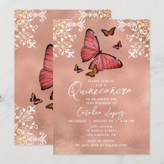 Elegante Rose Gold Butterfly Flora Quinceñera Einladung