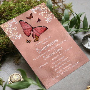 Elegante Rose Gold Butterfly Flora Quinceñera Einladung