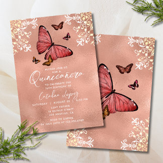 Elegante Rose Gold Butterfly Flora Quinceñera Einladung