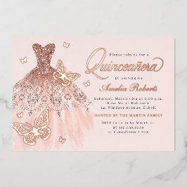 Elegante Rose Gold Butterfly Kleid Quinceanera Folieneinladung