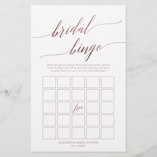 Elegante Rose Gold Calligraphy Bridal Bingo Game Flyer (Vorne)
