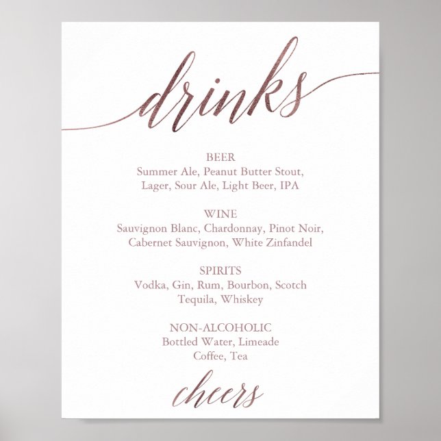 Elegante Rose Gold Calligraphy Drink Menü Signatur Poster (Vorne)