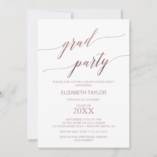 Elegante Rose Gold Calligraphy Graduation Party Einladung (Vorderseite)