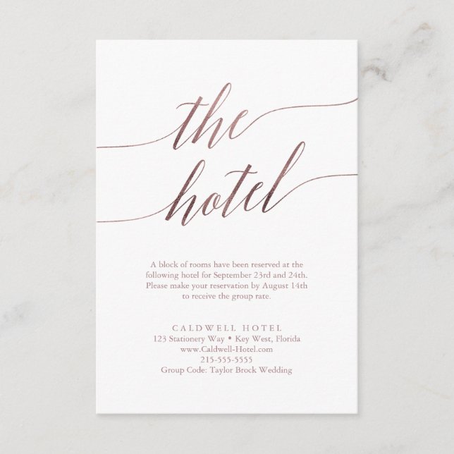 Elegante Rose Gold Calligraphy Hotel Einschließung Begleitkarte (Vorderseite)