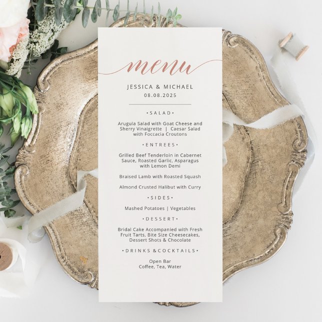 Elegante Rose Gold Calligraphy Menu Card Menükarte (Von Creator hochgeladen)