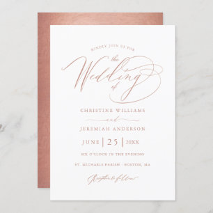 Elegante Rose Gold Calligraphy Metallic Wedding Einladung