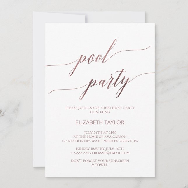 Elegante Rose Gold Calligraphy Pool Party Geburtst Einladung (Vorderseite)