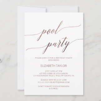 Elegante Rose Gold Calligraphy Pool Party Geburtst Einladung