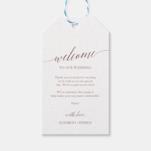 Elegante Rose Gold Calligraphy Wedding Willkommen Geschenkanhänger (Vorderseite)