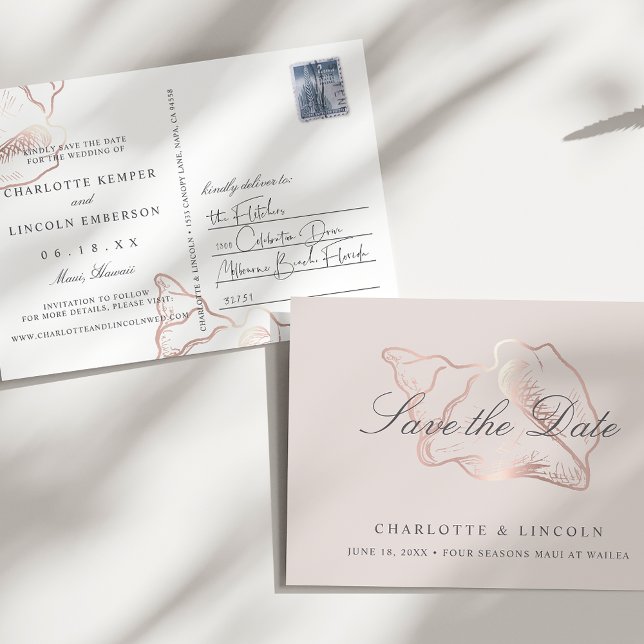 Elegante Rose Gold Conch Hochzeit speichern Sie da Ankündigungspostkarte (Von Creator hochgeladen)