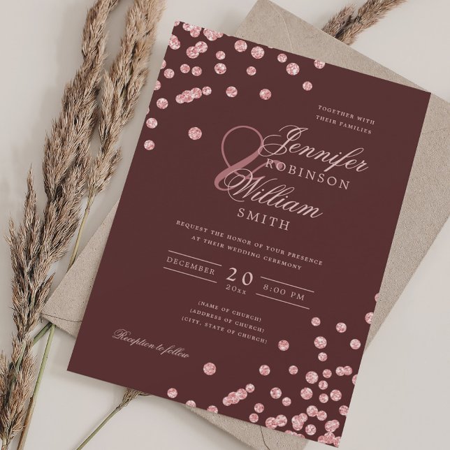 Elegante Rose Gold Confetti QR Wedding Burgundy Re Einladung (Elegant Rose Gold Confetti QR Wedding Burgundy Red Invitation)