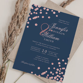 Elegante Rose Gold Confetti QR Wedding Navy Blue Einladung