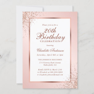 Elegante Rose Gold Confetti Rosa 20. Geburtstag Einladung