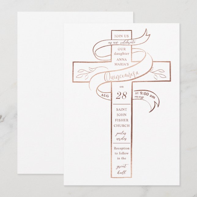 Elegante Rose Gold Cross Ribbon Quinceñera Einladung (Vorne/Hinten)