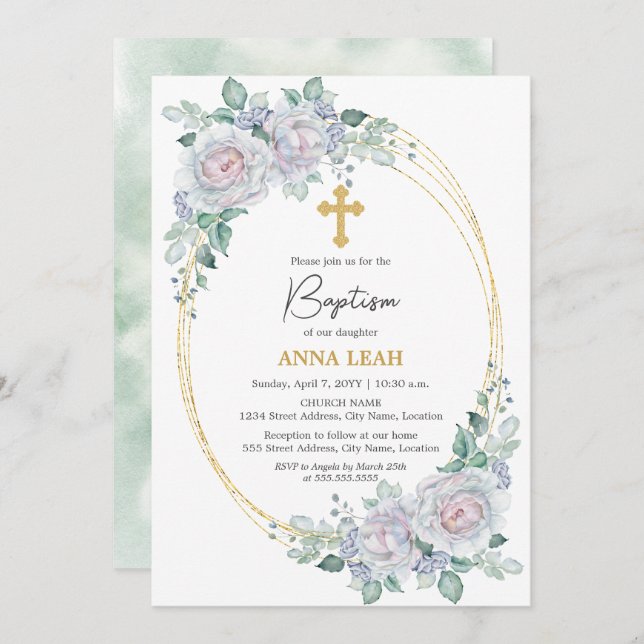 Elegante Rose Gold Cross Taufen Einladung (Vorne/Hinten)