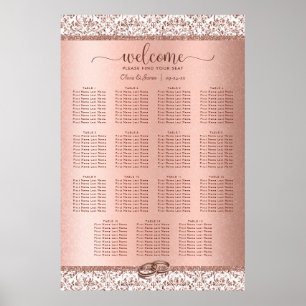 Elegante Rose Gold Damask Hochzeit 15 Seating Char Poster