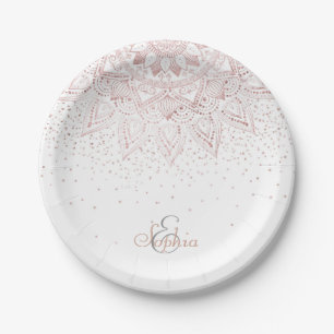 Elegante Rose Gold Dots Mandala Pappteller