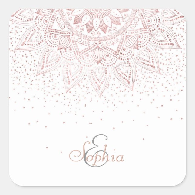 Elegante Rose Gold Dots Mandala Quadratischer Aufkleber (Vorderseite)