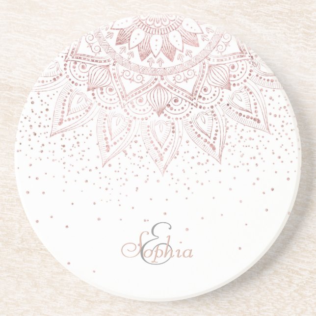 Elegante Rose Gold Dots Mandala Sandstein Untersetzer (Vorne)