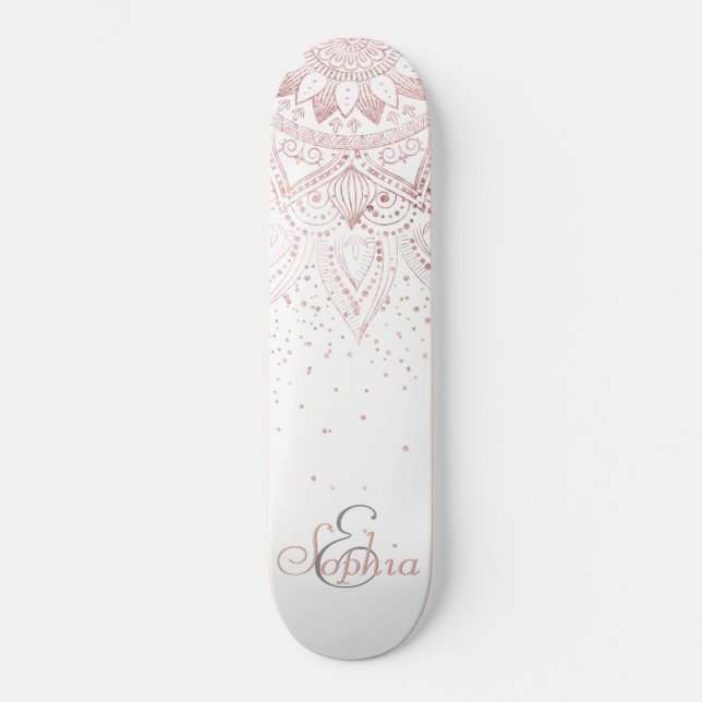 Elegante Rose Gold Dots Mandala Skateboard (Vorderseite)