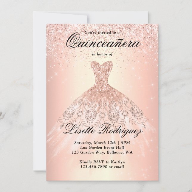 Elegante Rose Gold Dress Quinceanera Einladung (Vorderseite)