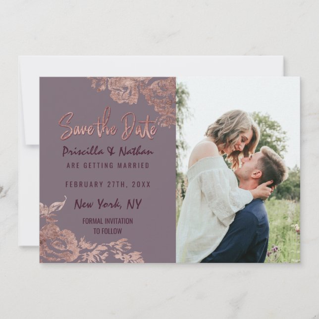 Elegante Rose Gold Floral Lila Mauve Rett Save The Date (Vorderseite)