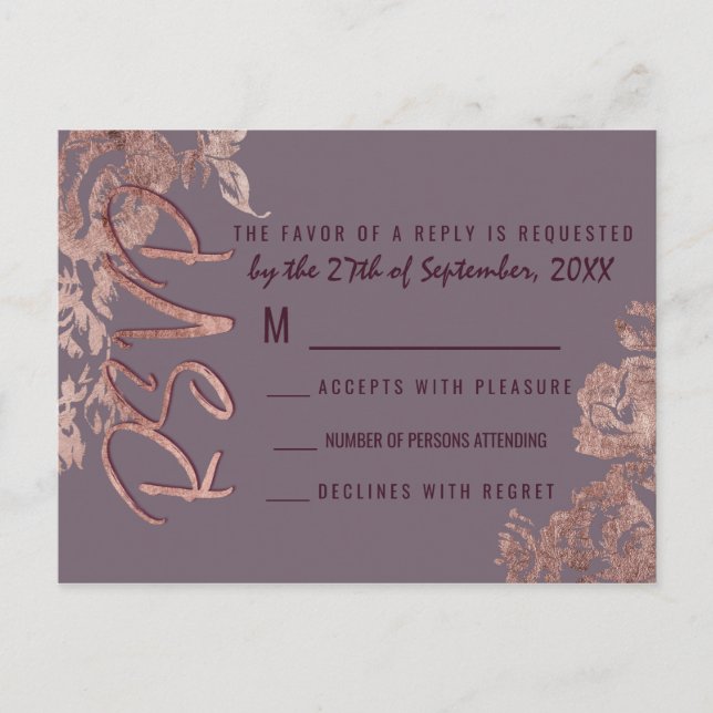 Elegante Rose Gold Floral Lila Mauve UAWG Einladungspostkarte (Vorderseite)