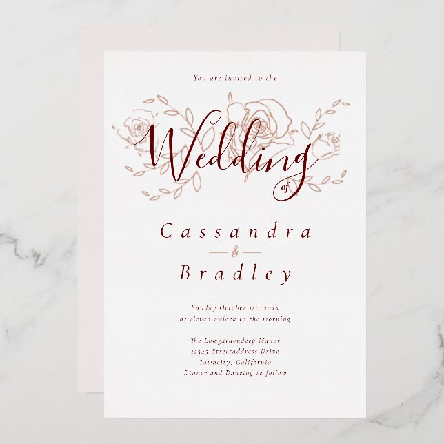 Elegante Rose Gold Floral Pink Burgund Hochzeit Folieneinladung (Vorderseite/Rückseite)