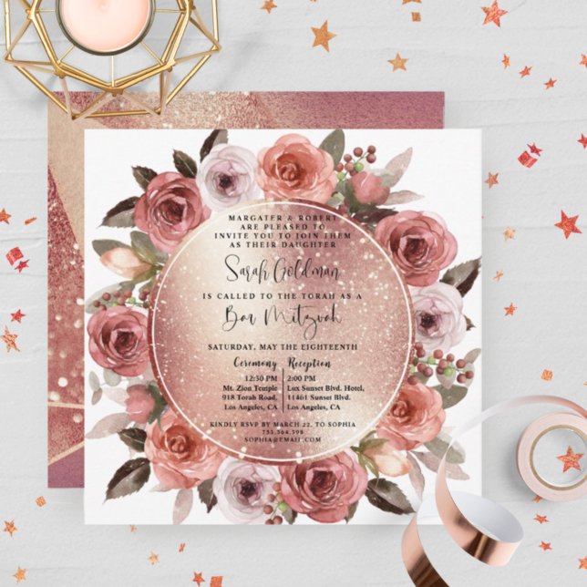 Elegante Rose Gold Floral und Glitzer Bat Mitzvah Einladung (Von Creator hochgeladen)