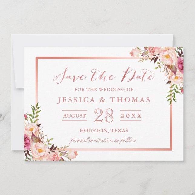 Elegante Rose Gold Floral Wedding Save the Date (Vorderseite)