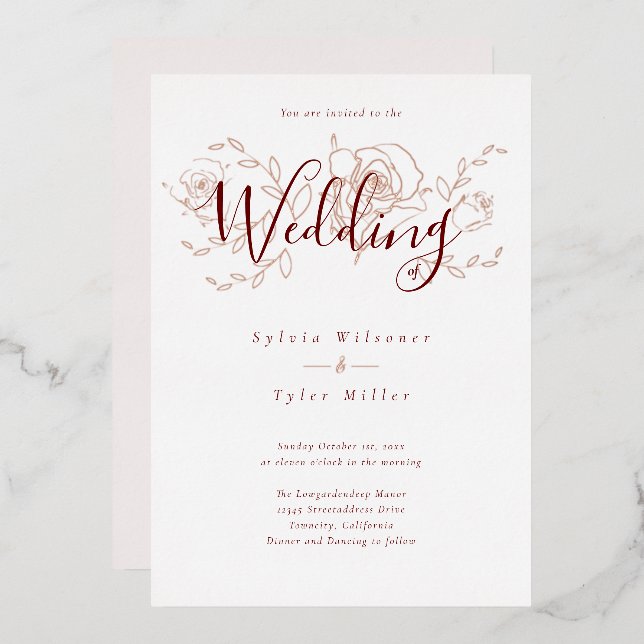 Elegante Rose Gold Floral White Burgundy Wedding F Folieneinladung (Vorderseite/Rückseite)