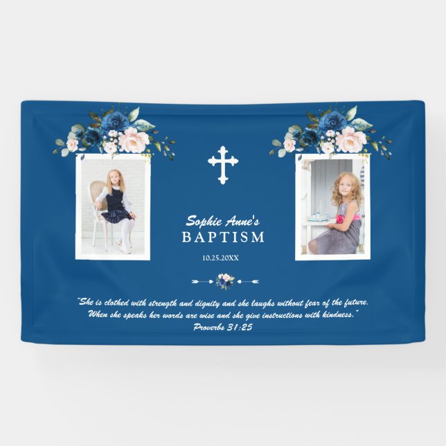 Elegante Rose Gold Florale Taufe Girl Foto Banner (Horizontal)